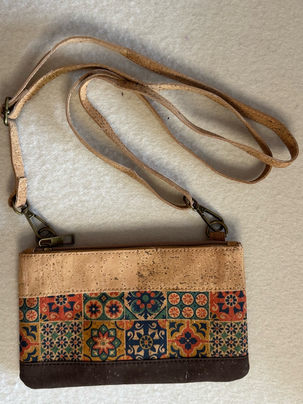 Portuguese Cork Crossbody Bag Azulejo Tile Inspired Print Boho Travel Purse